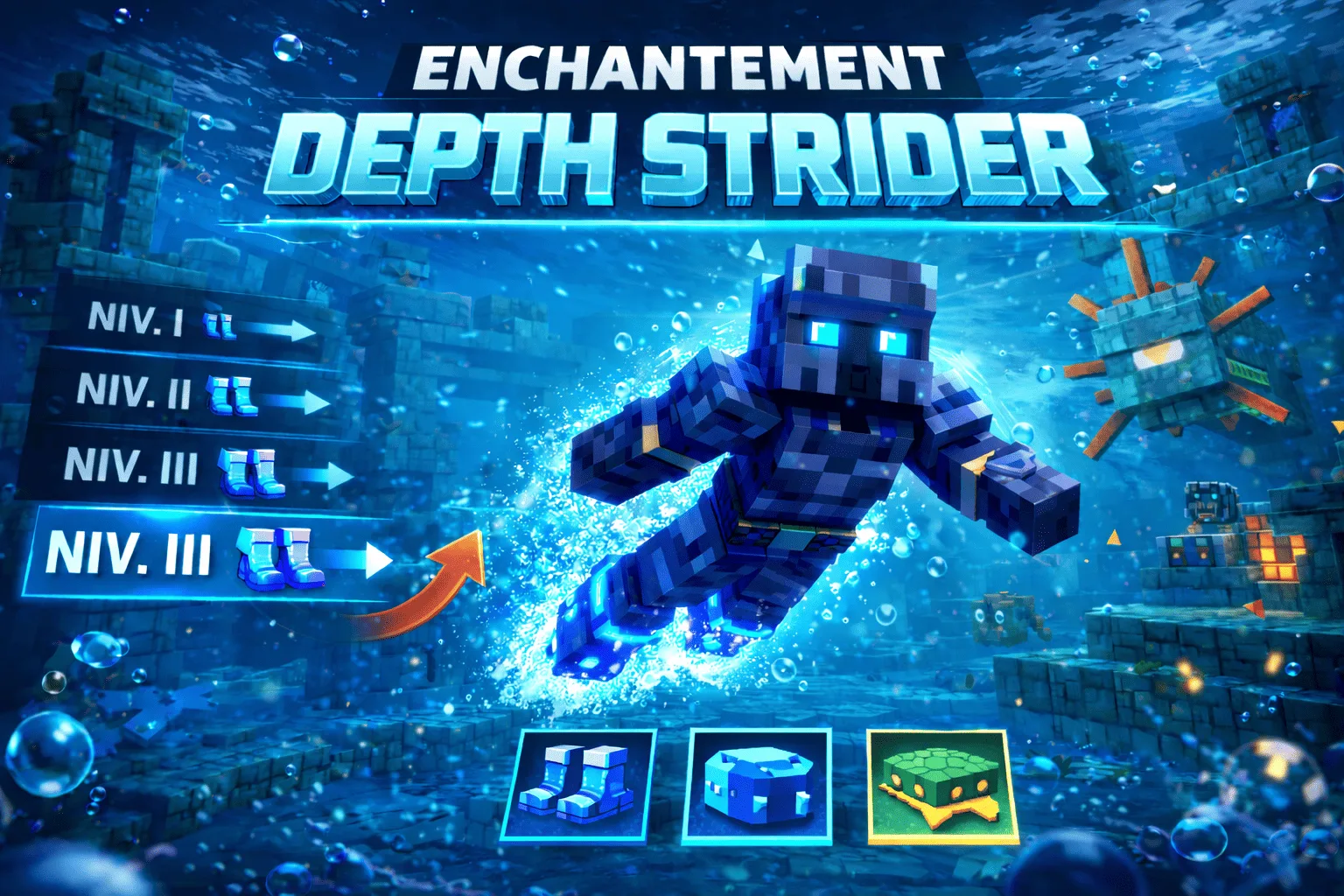 Depth Strider Minecraft: move quickly underwater (boots)