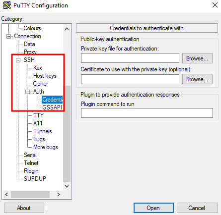 Configure credentials in PuTTY